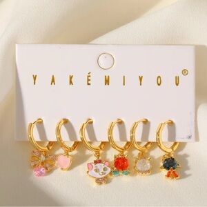 14K Gold Disney Aristocats Inspired Theme Huggie Hoop Mismatched Earrings Set